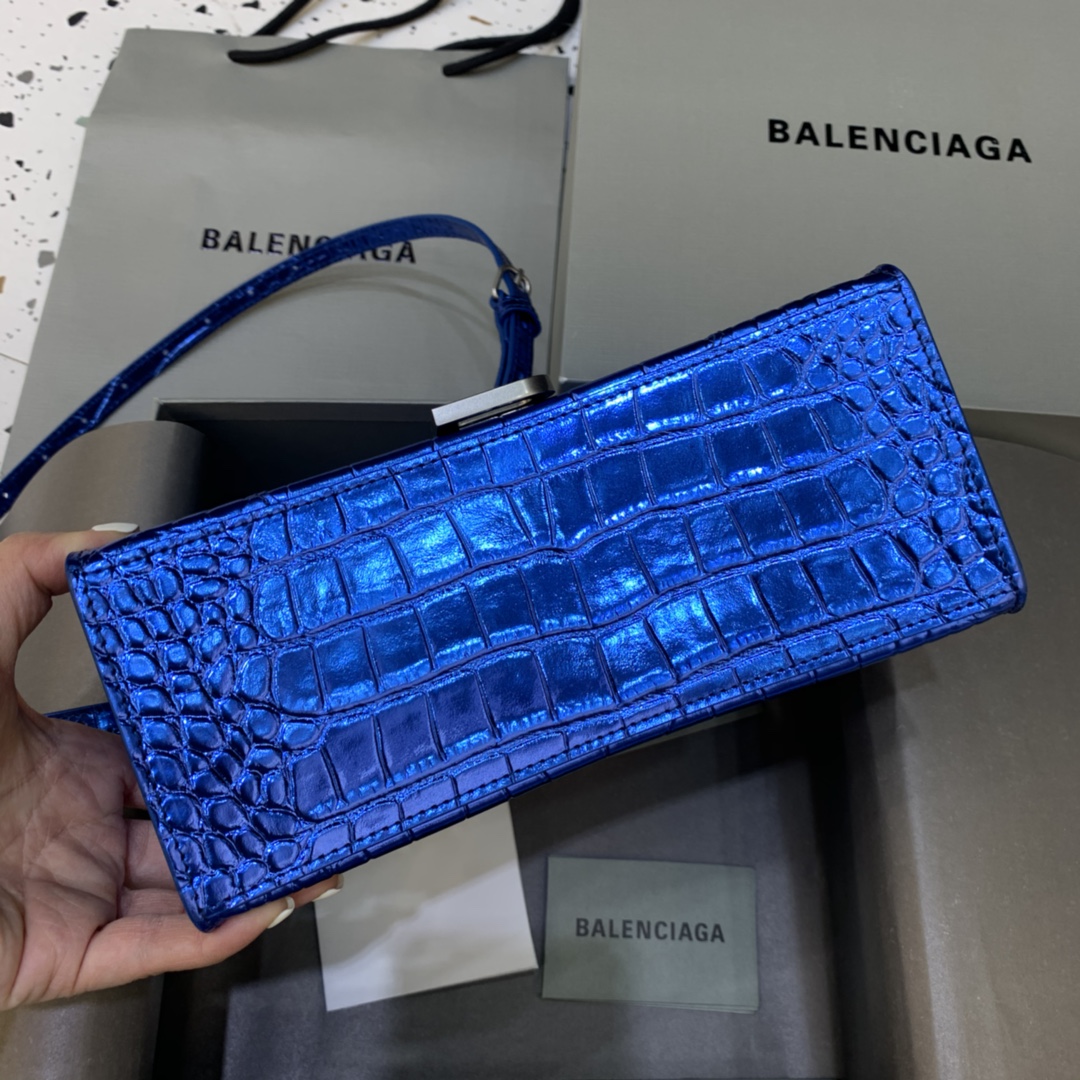 Balenciaga Hourglass Small Handbag Crocodile Embossed Shoulder Bag Blue